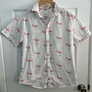 Denim & Flower White and Pink Flamingo Button Down Short Sleeve Shirt Size Med